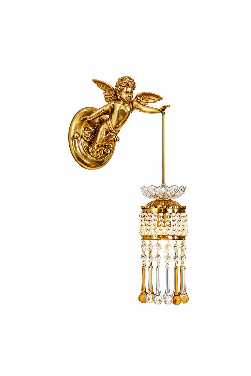 Ambrelise Cherub Wall Sconce | Cast Brass and K9 Crystal | Side profile on pure white background, unlit | Samu Lamp