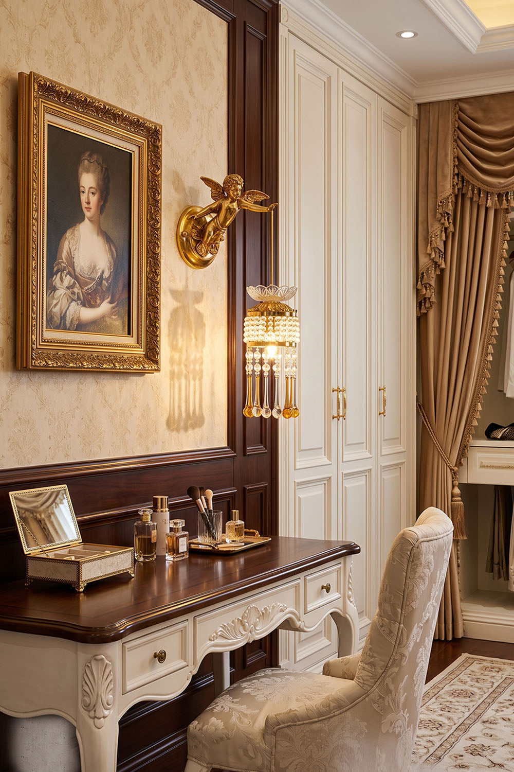 Ambrelise Cherub Wall Sconce | Cast Brass and K9 Crystal | Installed beside an art painting in a study nook | Samu Lamp