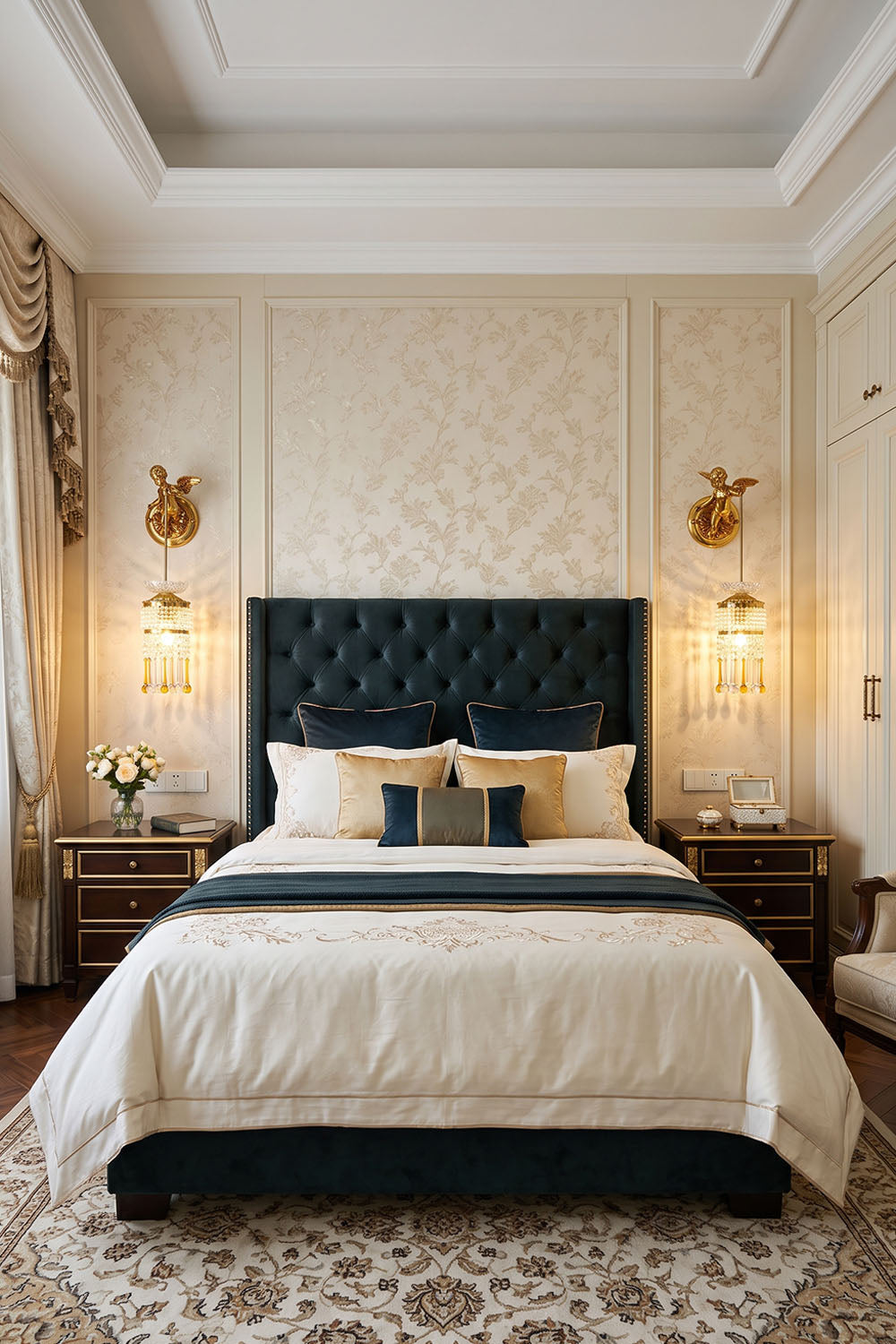 Ambrelise Cherub Wall Sconce | Brass and Crystal Glass | Symmetrical pair flanking a dark bed in master bedroom | Samu Lamp