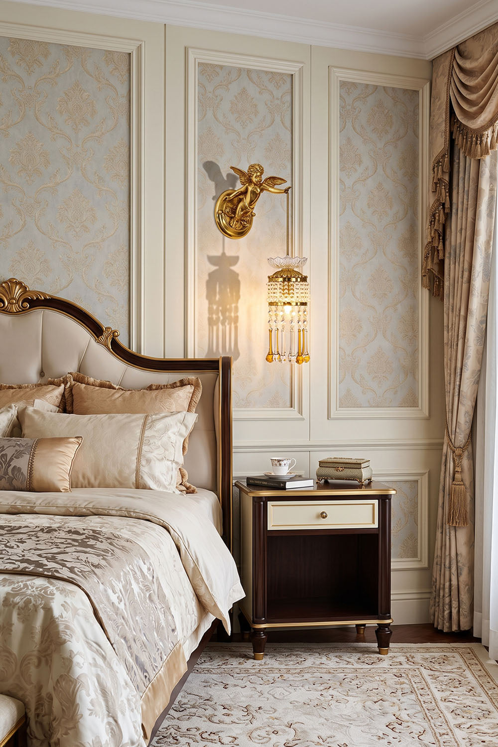 Ambrelise Cherub Wall Sconce | Cast Brass and K9 Crystal | Angled bedside view highlighting warm ambient glow | Samu Lamp