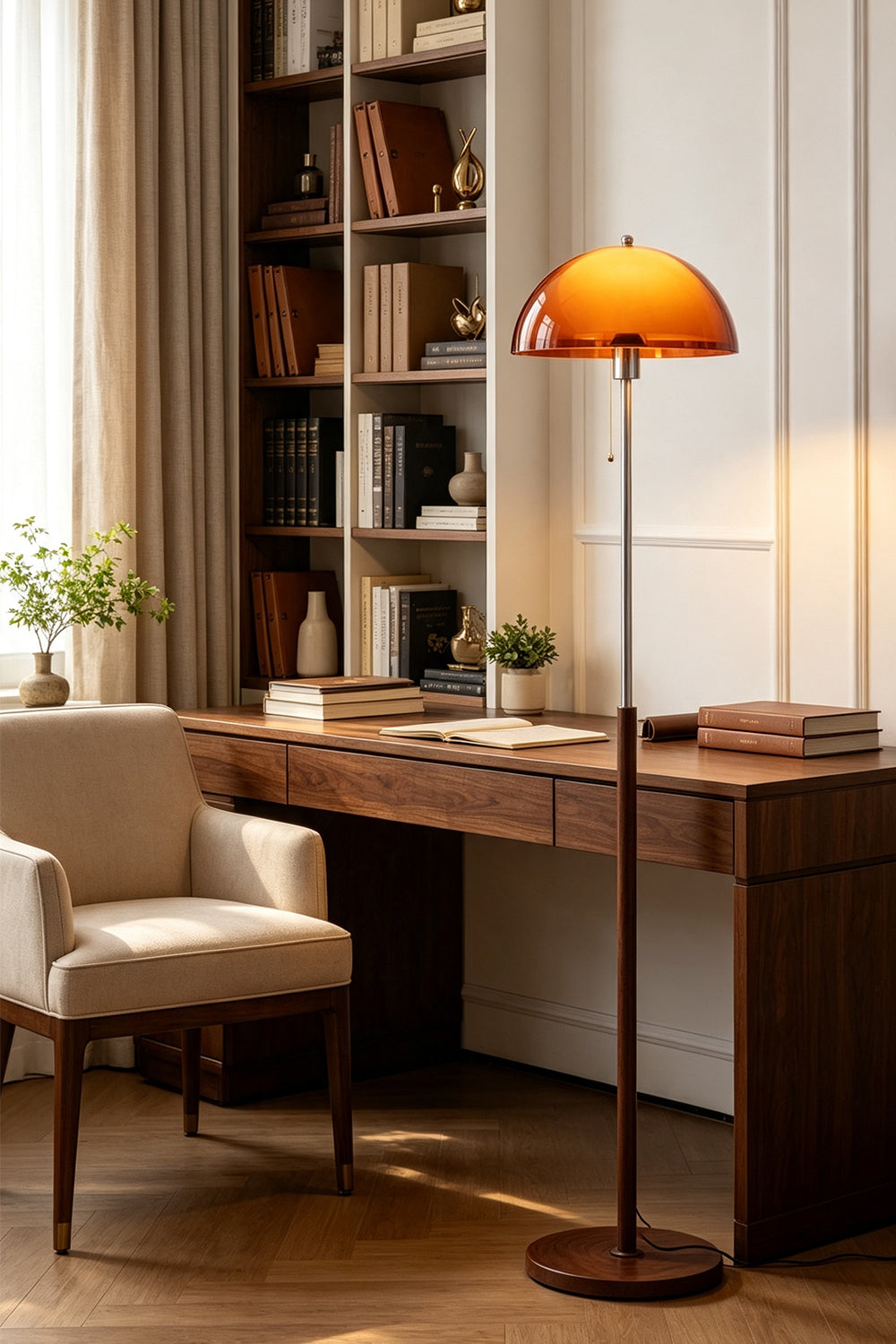 Ambrose Amber Dome Floor Lamp | Amber Glass, Metal and Wood | Positioned beside a wooden desk in a home office library | Samu Lamp