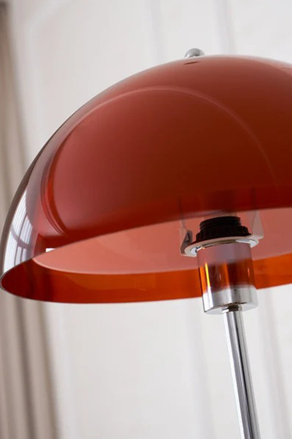 Ambrose Amber Dome Floor Lamp | Amber Glass, Metal and Wood | Close-up detail of the glossy amber shade and chrome hardware | Samu Lamp