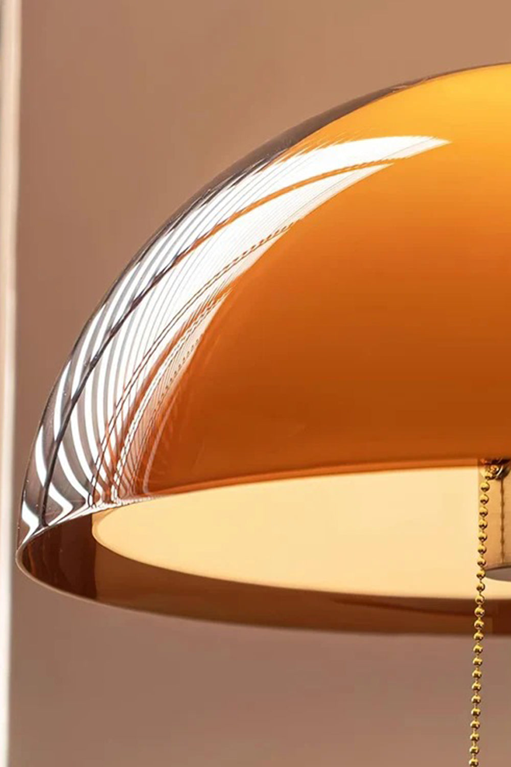 Ambrose Amber Dome Floor Lamp | Amber Glass, Metal and Wood | Side close-up showing the glowing dome rim and pull chain detail | Samu Lamp