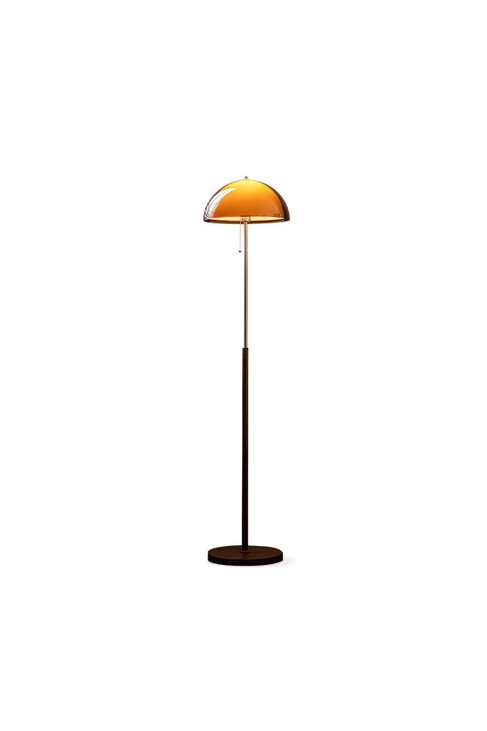 Ambrose Amber Dome Floor Lamp | Amber Glass, Metal and Wood | Front full view on a pure white background, illuminated | Samu Lamp