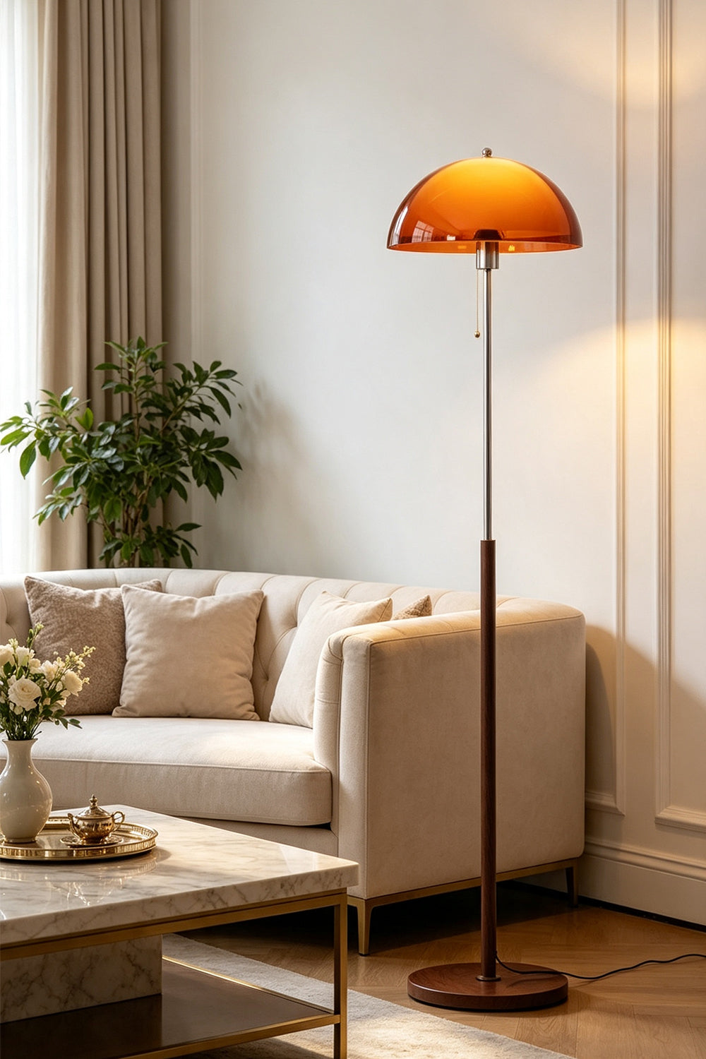 Ambrose Amber Dome Floor Lamp | Amber Glass, Metal and Wood | Illuminating a modern living room next to a beige sofa | Samu Lamp