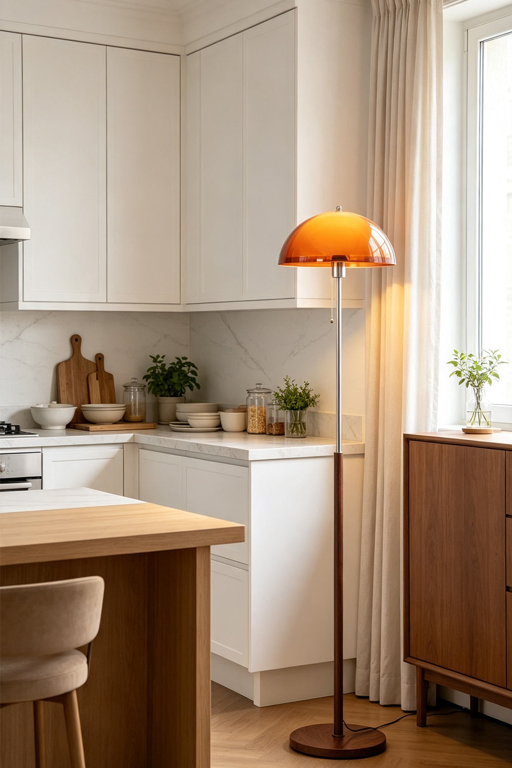 Ambrose Amber Dome Floor Lamp | Amber Glass, Metal and Wood | Placed in a bright kitchen dining area near wooden cabinets | Samu Lamp