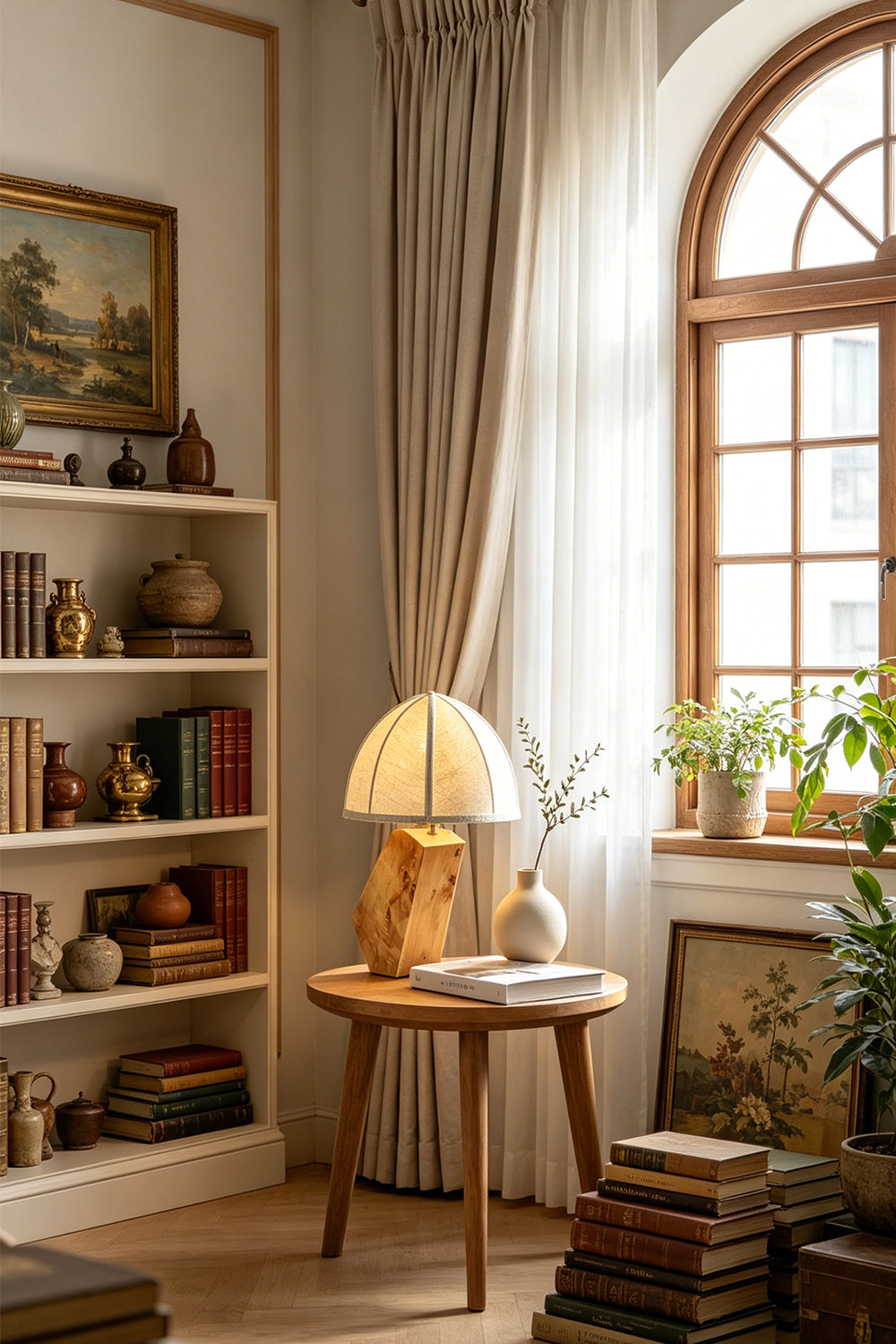Angolo Canted Faceted Wood Table Lamp | Wood, Fabric, Metal | Providing a warm glow on a wooden side table in a bright room corner next to white shelves | Samu Lamp