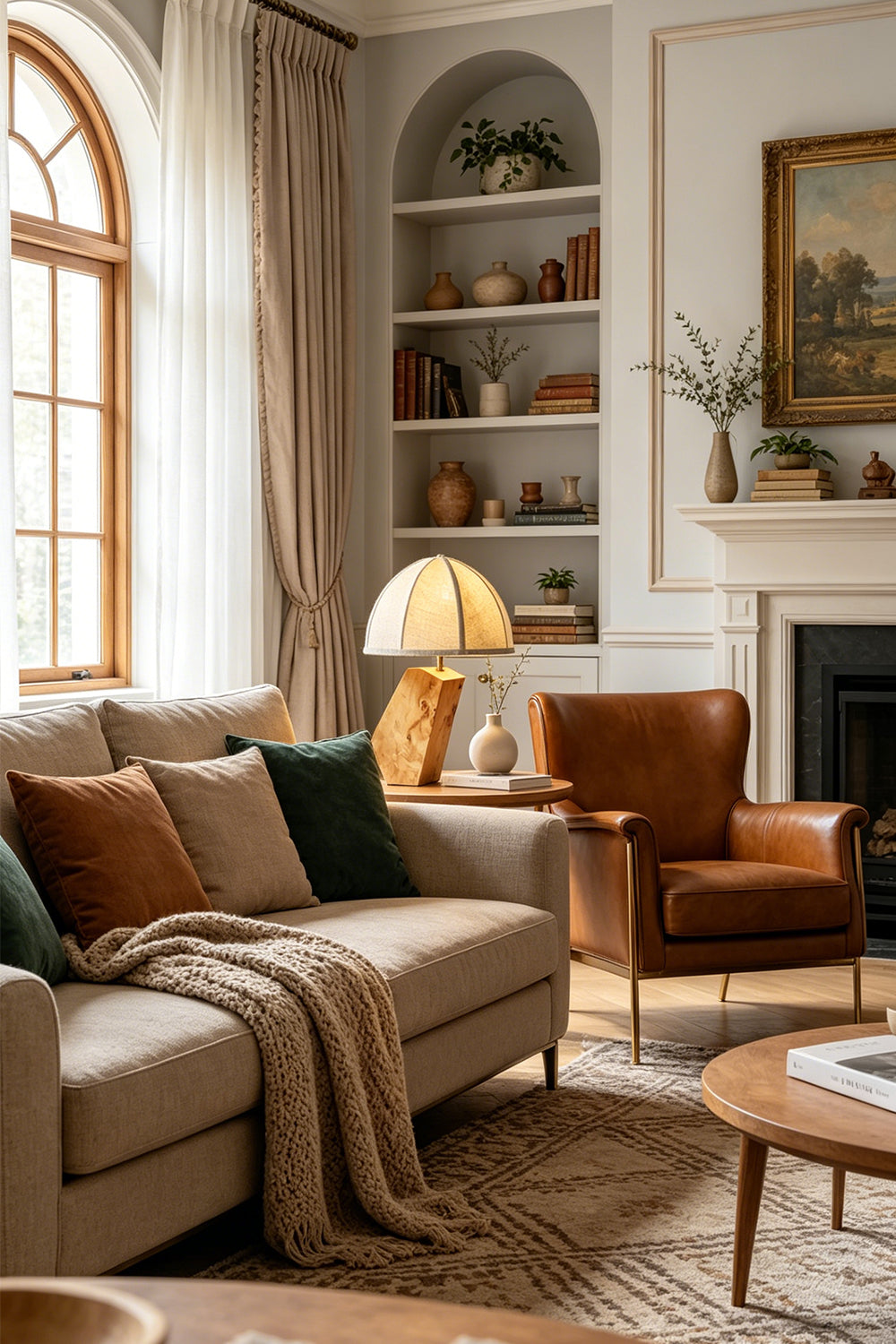 Angolo Canted Faceted Wood Table Lamp | Wood, Fabric, Metal | Illuminating a cozy living room space with a comfortable fabric sofa and a leather armchair | Samu Lamp