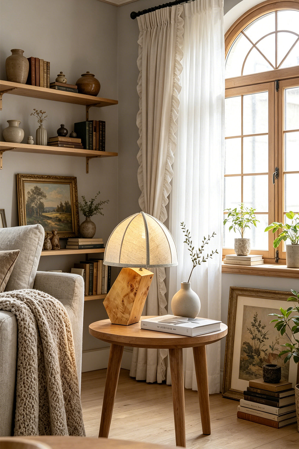 Angolo Canted Faceted Wood Table Lamp | Wood, Fabric, Metal | Placed on a wooden stool in a relaxed room corner with open wall shelving and a window | Samu Lamp