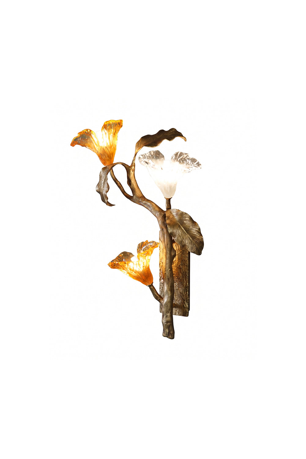 Arboreal Bloom Brass Wall Lamp | Brass, Glass | Sculptural branch design with multiple glowing floral glass shades | Isolated lit product shot on white background | Samu Lamp