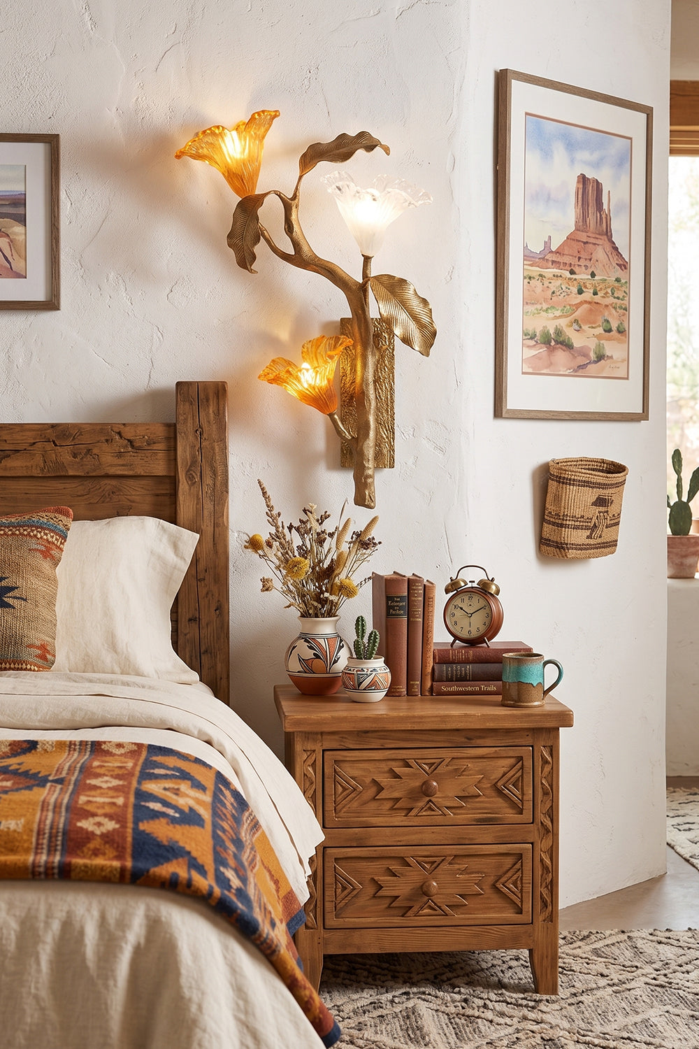 Arboreal Bloom Brass Wall Lamp | Brass, Glass | The Arboreal Bloom brass wall lamp mounted over a rustic wooden table with baskets of produce, spice racks, and potted plants in a southwestern-style dining nook | Lifestyle in-situ shot | Samu LampArboreal Bloom