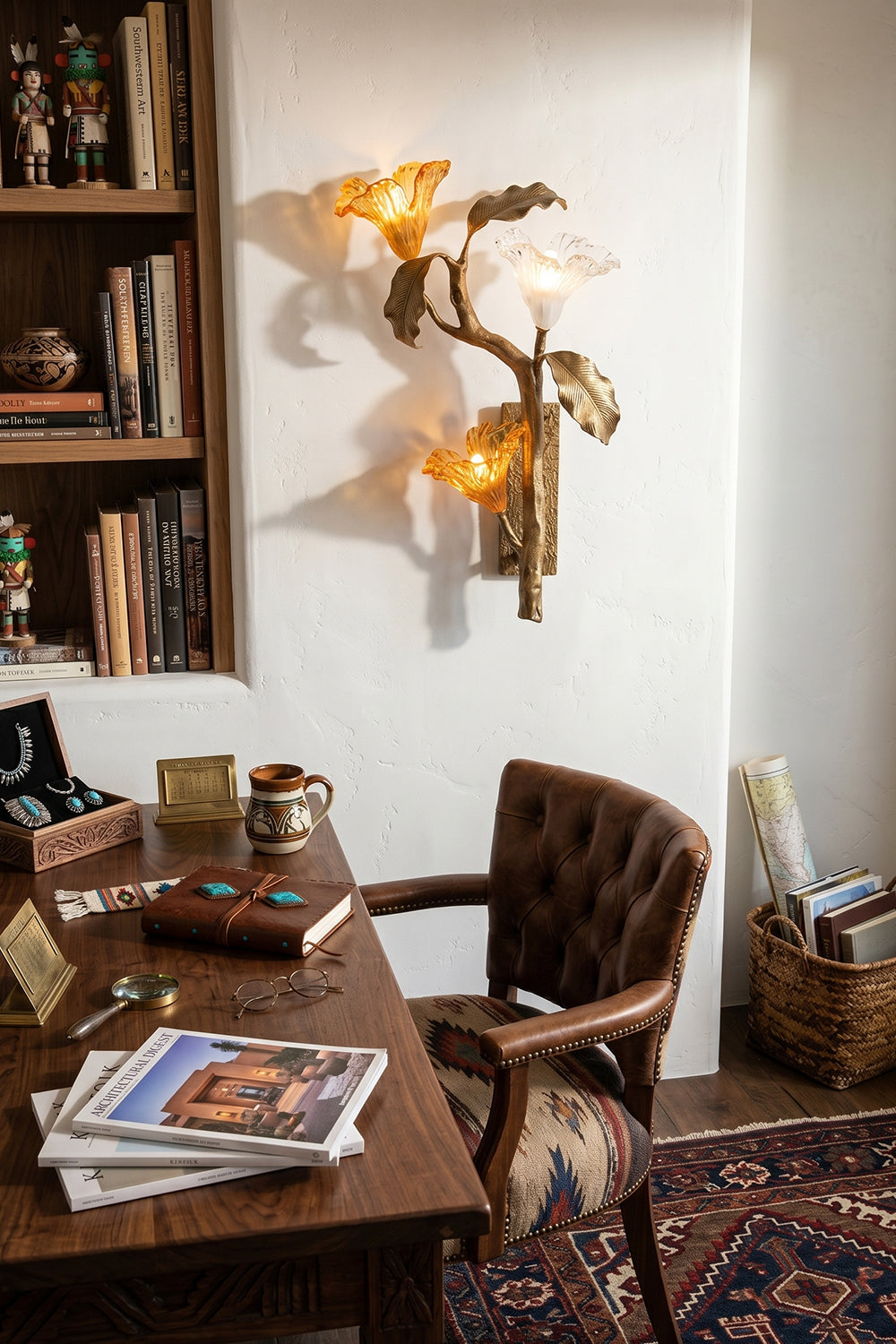 Arboreal Bloom Brass Wall Lamp | Brass, Glass | An isolated, full-body view of the lit Arboreal Bloom brass wall lamp on a clean white background, featuring the detailed brass work and glowing glass shades, identical to image 1 | Isolated lit product shot | Samu LampArboreal Bloom