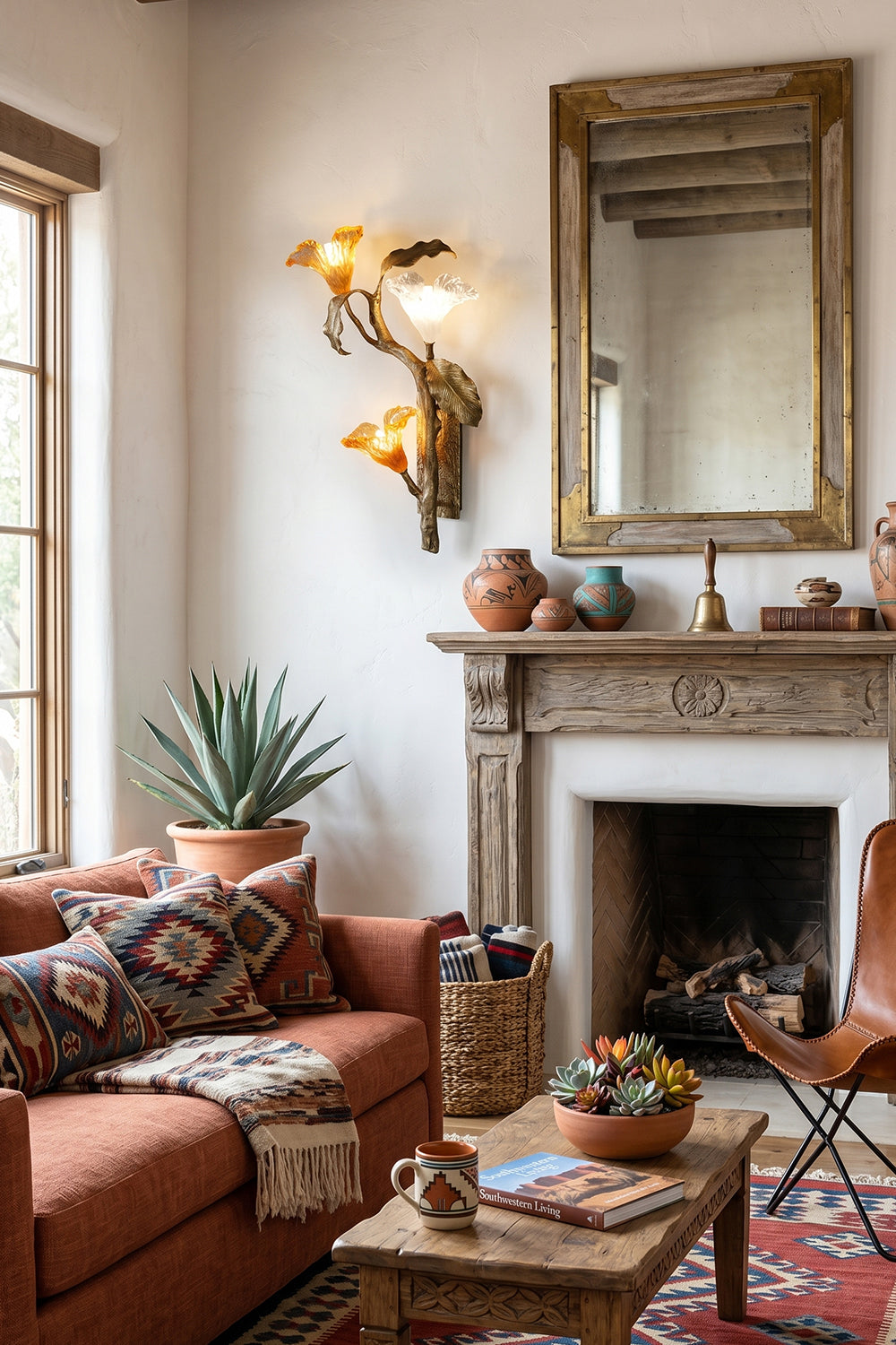 Arboreal Bloom Brass Wall Lamp | Brass, Glass | The Arboreal Bloom brass wall lamp mounted on a rustic plaster wall above a vintage wooden desk with books, a leather chair, a globe, and other study items, providing a warm accent glow | Lifestyle in-situ shot | Samu LampArboreal Bloom