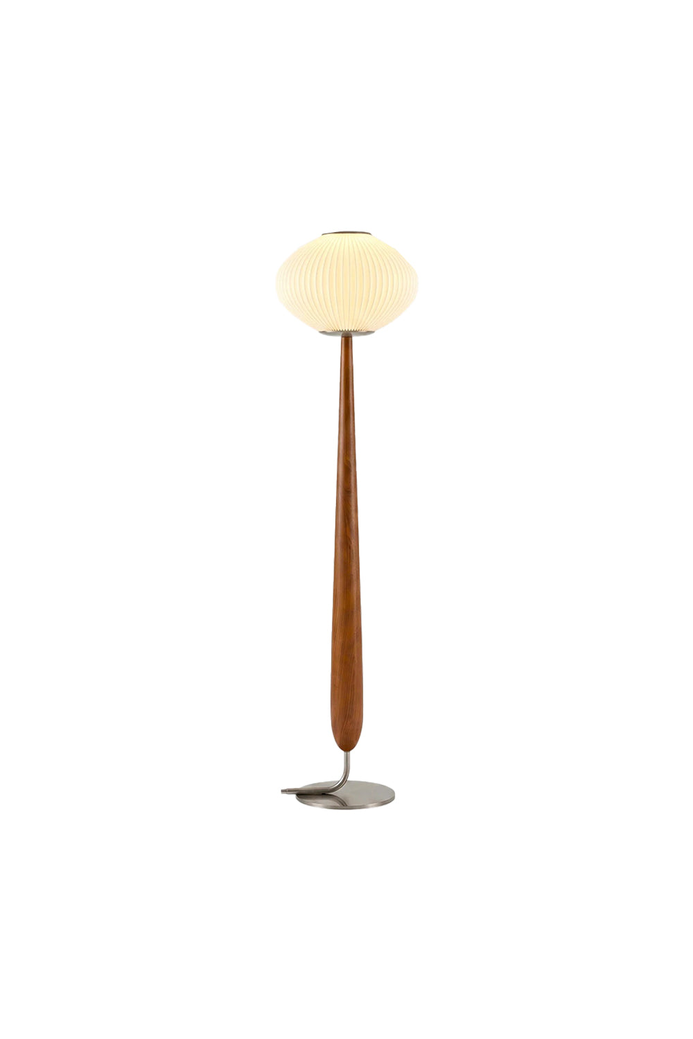 Arden Walnut Floor Lamp | Wood, Metal, Fabric | Isolated lit view of a mid-century modern floor lamp featuring a pleated white pumpkin saucer shade on a tapered teardrop-shaped natural walnut wood stem and a circular brushed silver base | White background | Samu Lamp