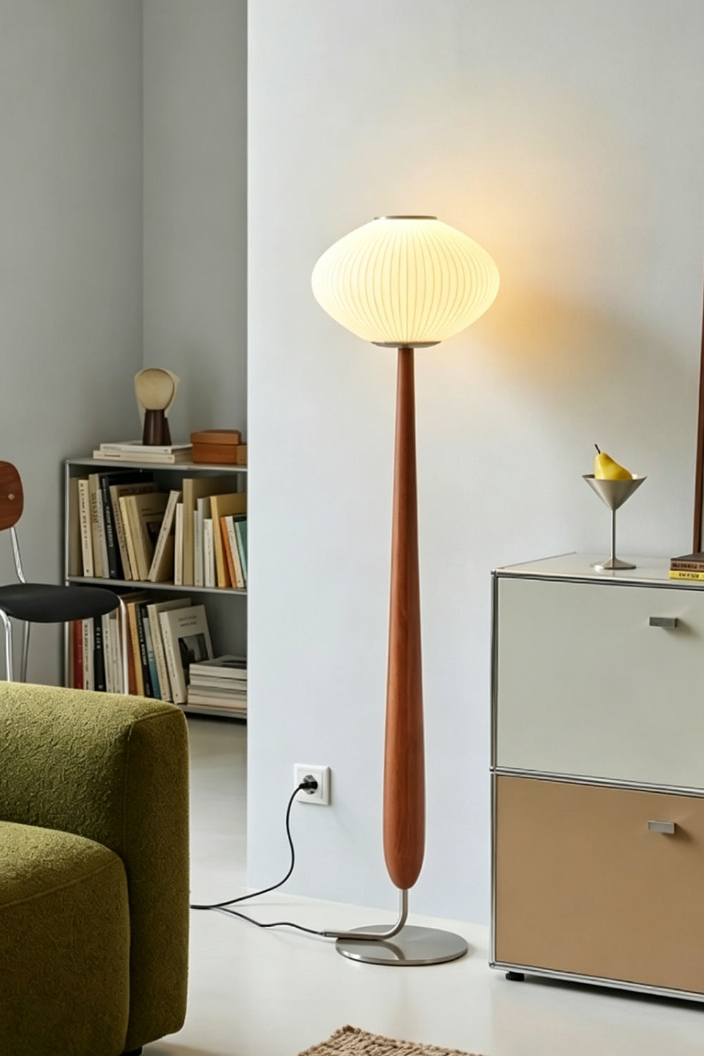 Arden Walnut Floor Lamp | Wood, Metal, Fabric | Casting a welcoming golden glow in a contemporary residential living space corner next to a modern credenza cabinet | Samu Lamp