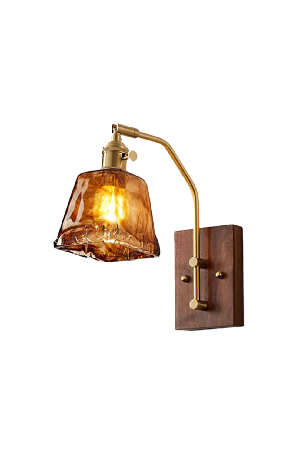 Arlo Amber Ripple Wall Lamp | Glass, Metal, Wood | Mid-century modern wall sconce featuring a textured amber rippled glass shade, a curved brass arm, and a rectangular dark wood backplate | Isolated lit product shot on white background | Samu Lamp