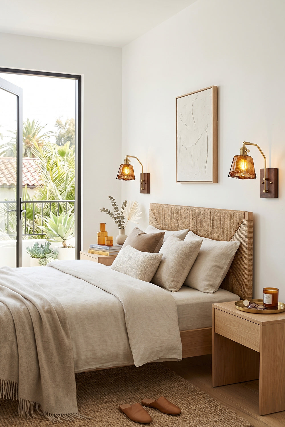 Arlo Amber Ripple Wall Lamp | Glass, Metal, Wood | Symmetrically installed as elegant bedside lighting on both sides of a natural wooden bed in a neutral-toned bedroom | Samu Lamp
