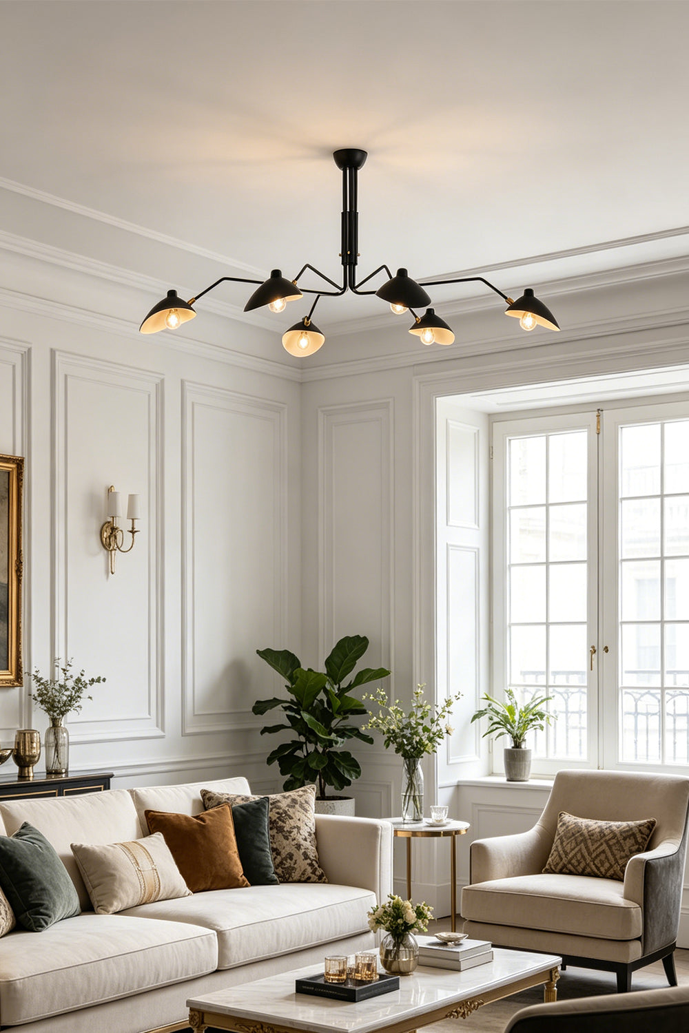 Black 6-arm articulated spider ceiling light | Metal | Installed in a classic living room with beige sofas | Samu Lamp