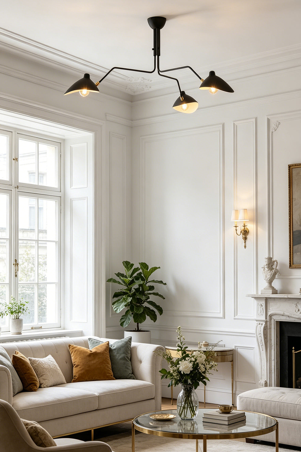 Modern black 3-arm multi arm spider ceiling lamp | Metal | Centered on a white paneled ceiling in a living room | Samu Lamp