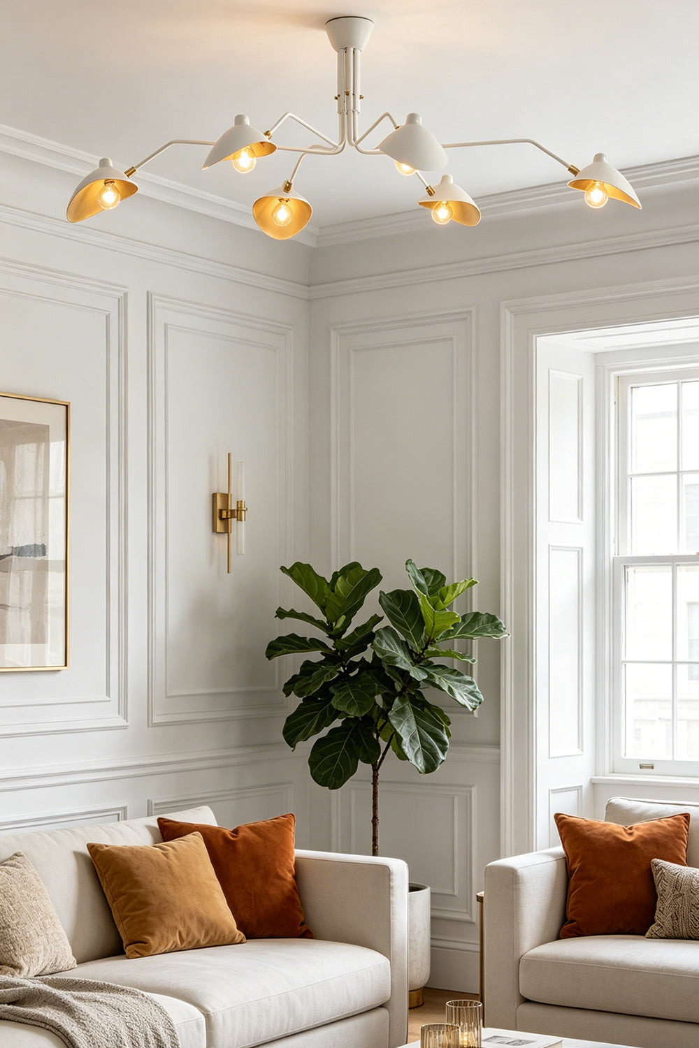 White 6-arm articulated spider ceiling light | Metal | Bright living room interior with white furniture and plants | Samu Lamp