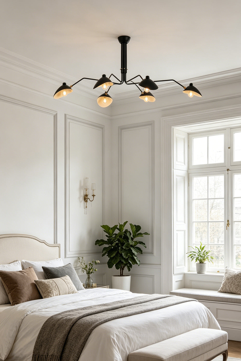 6-arm black multi arm spider ceiling light | Metal | Installed in a cozy bedroom with natural window light | Samu Lamp