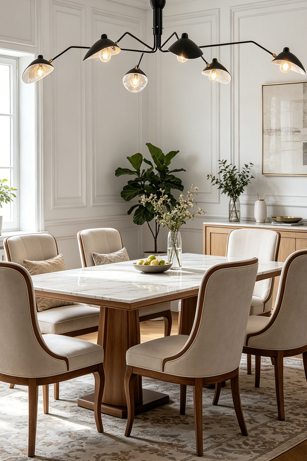Black 6-arm articulated spider light over dining table | Metal | Centered in a traditional dining room with wooden chairs | Samu Lamp