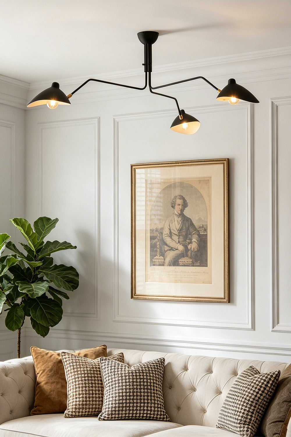 Black 3-arm articulated spider ceiling light | Metal | Living room scene mounted near a large picture frame | Samu Lamp