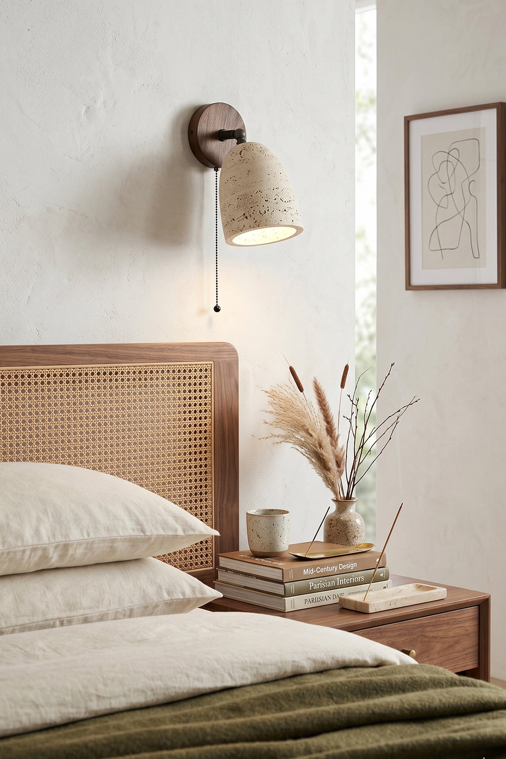 Artisan Travertine and Timber Wall Lamp for Bedroom | Samu  Lamp