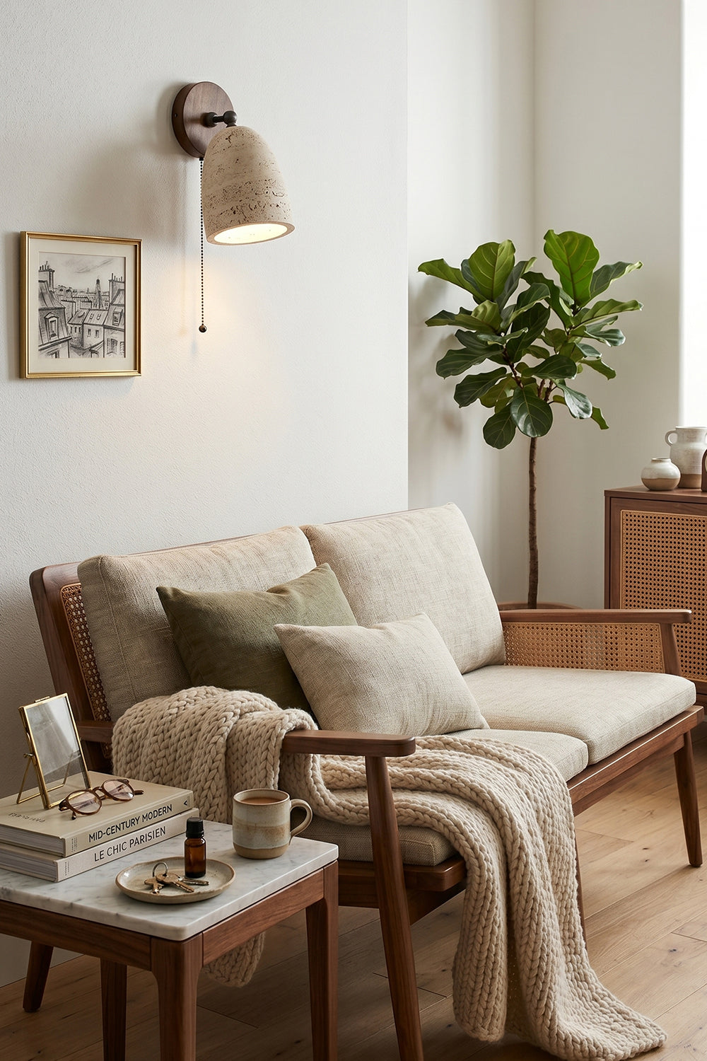 Artisan Travertine and Timber Wall Lamp for Living room | Samu  Lamp