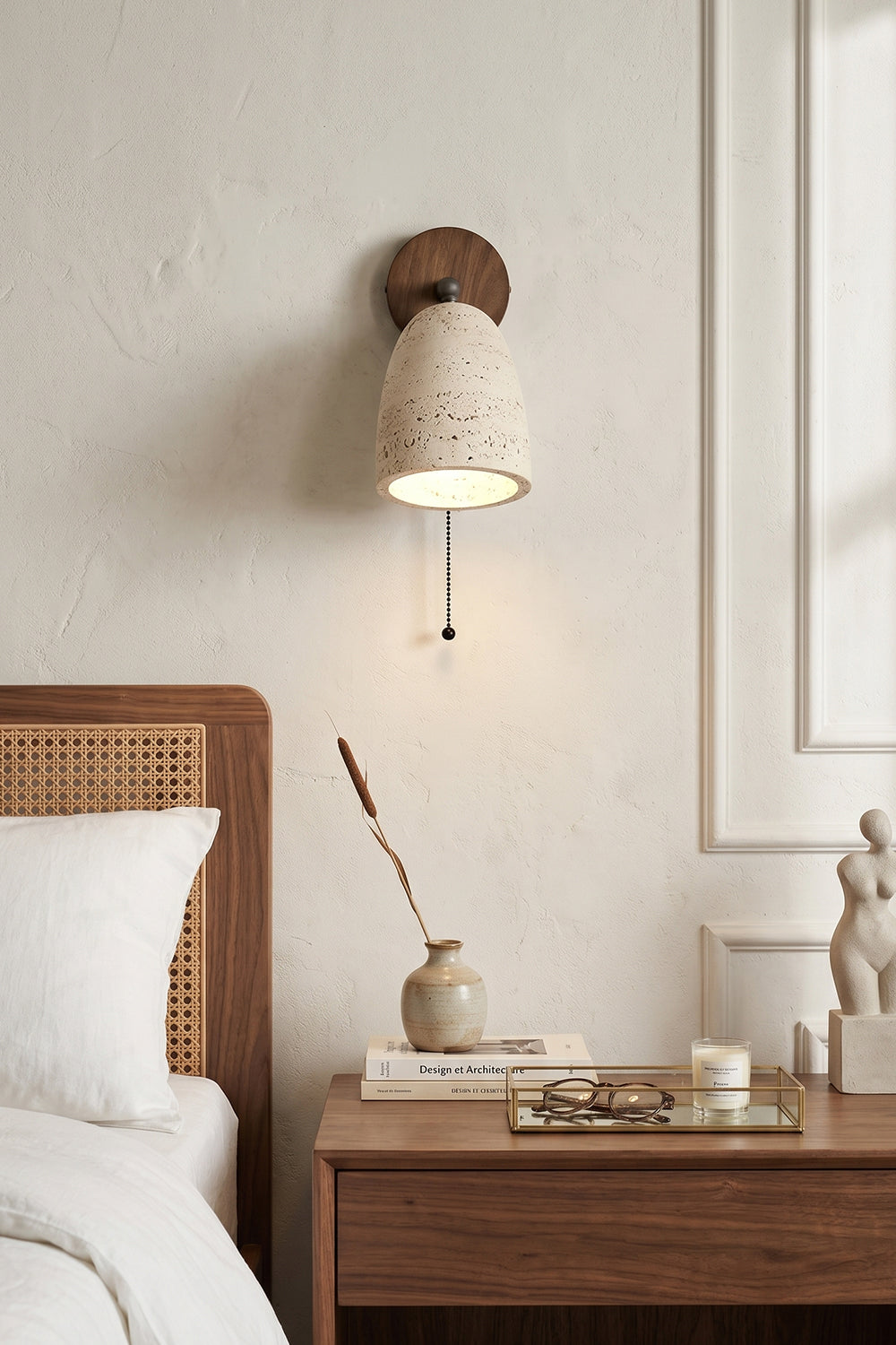 Artisan Travertine and Timber Wall Lamp for Bedroom | Samu  Lamp