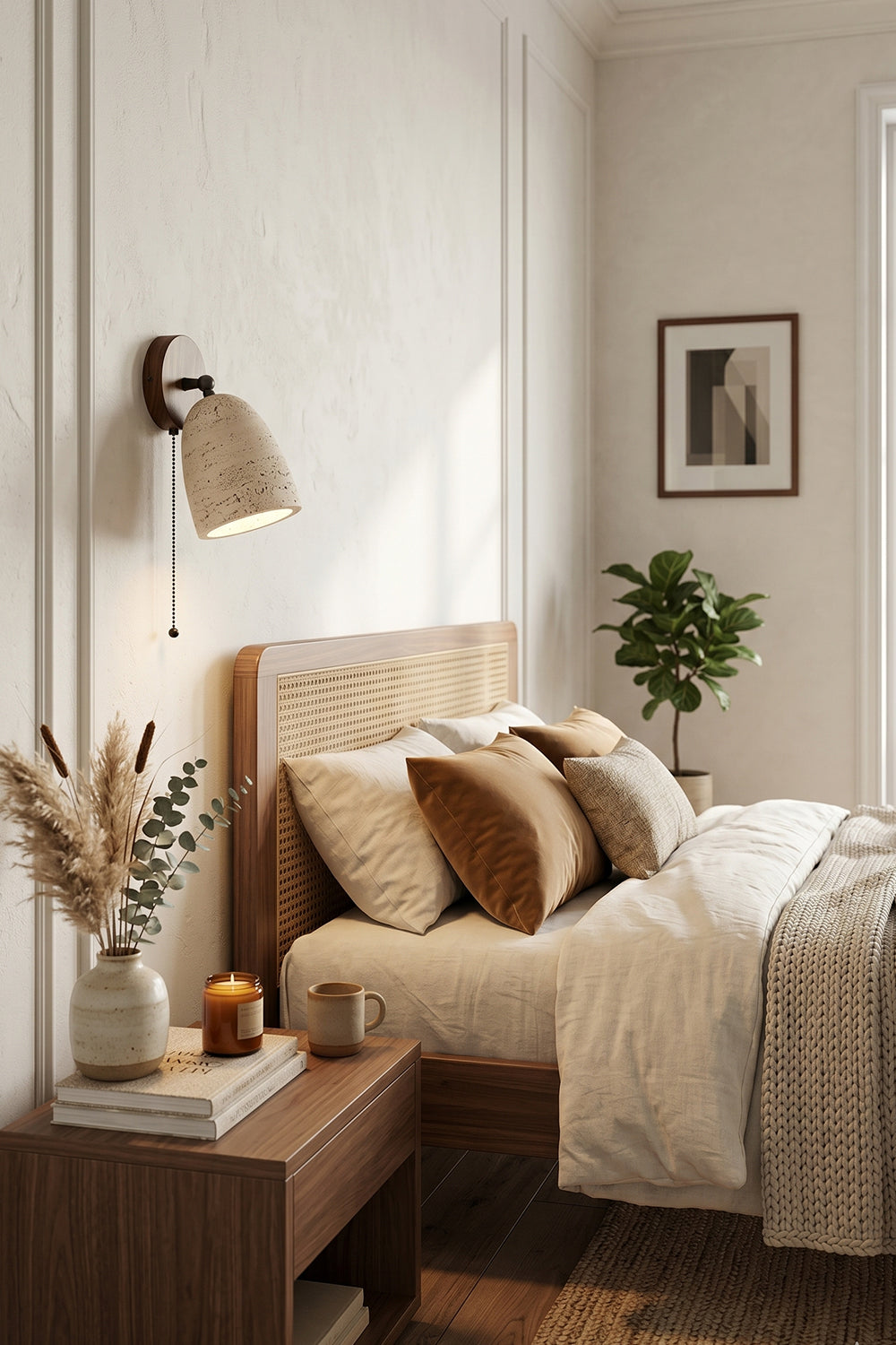 Artisan Travertine and Timber Wall Lamp for Bedroom | Samu  Lamp