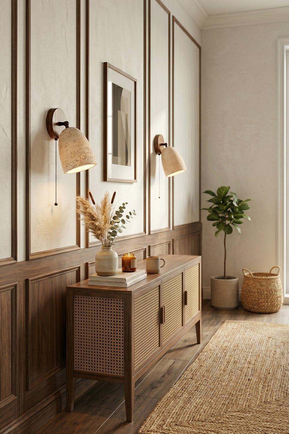 Artisan Travertine and Timber Wall Lamp for Hallway | Samu  Lamp