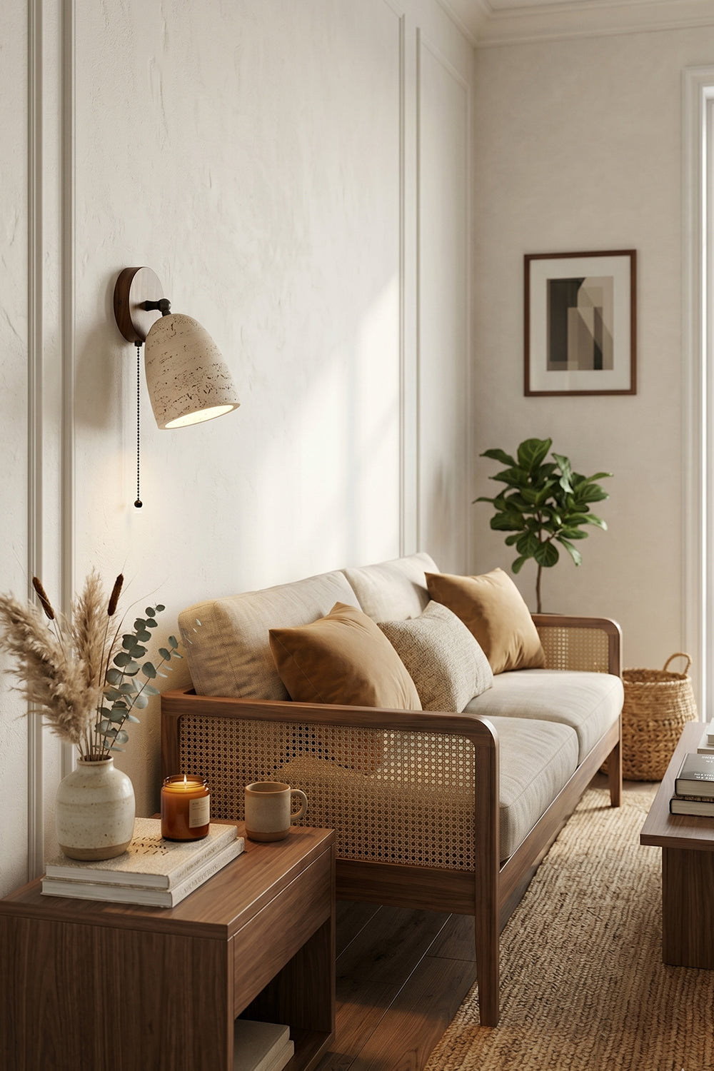 Artisan Travertine and Timber Wall Lamp for Living room | Samu  Lamp