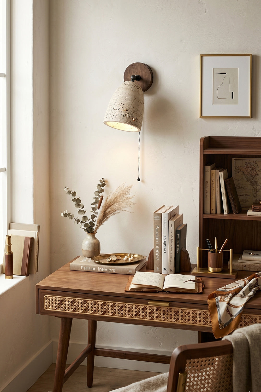 Artisan Travertine and Timber Wall Lamp for Den/Study | Samu  Lamp