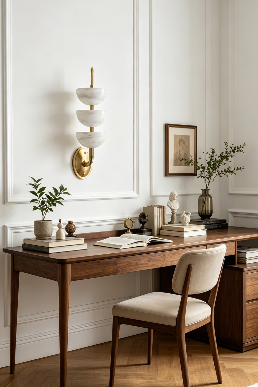 Ascendant Wall Lamp in home office | Alabaster, Brass | Above wooden desk in classic study room | Samu Lamp