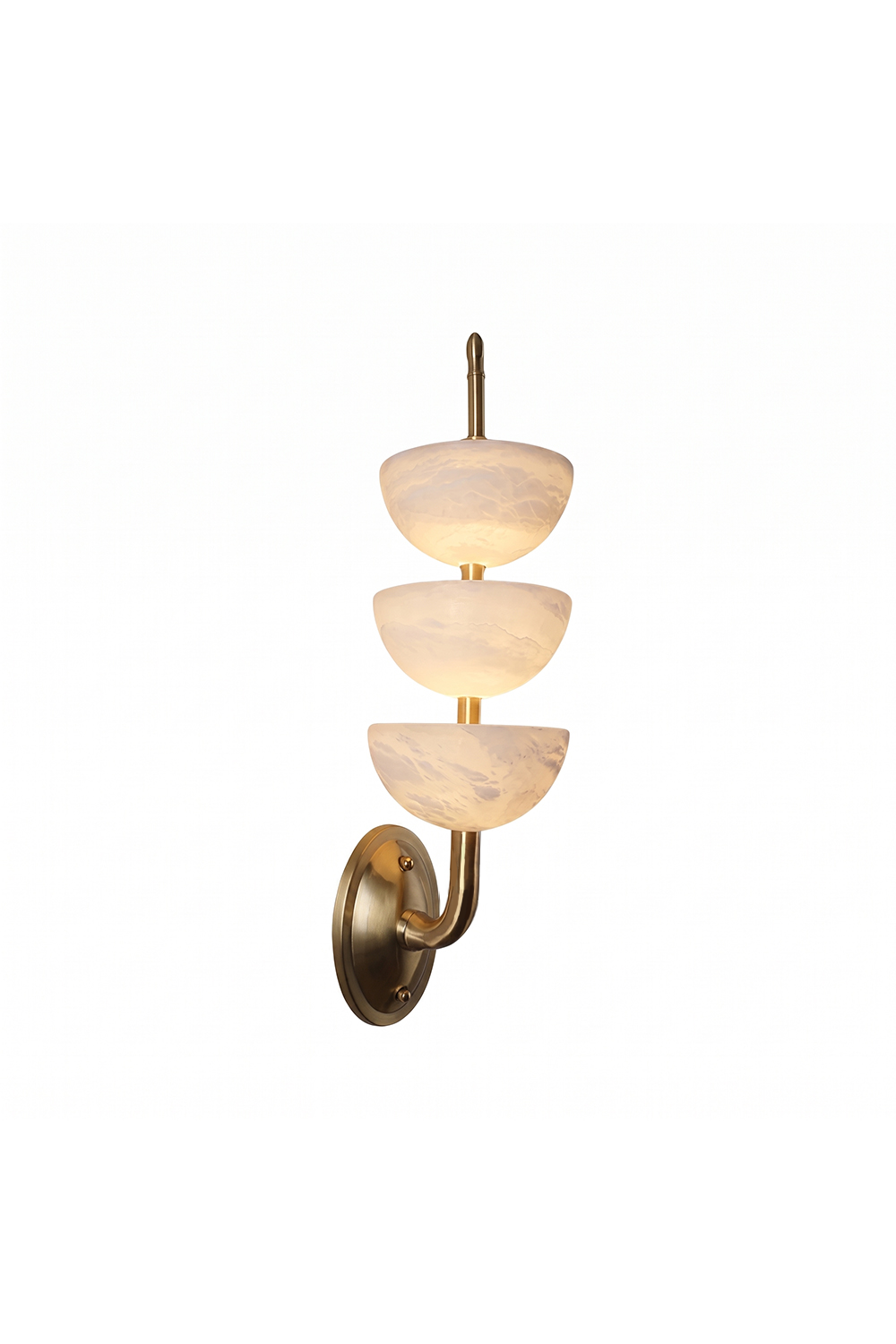 Ascendant Alabaster & Brass Wall Lamp | Alabaster, Brass | Three-tier bowl design | Isolated lit product shot | Samu Lamp