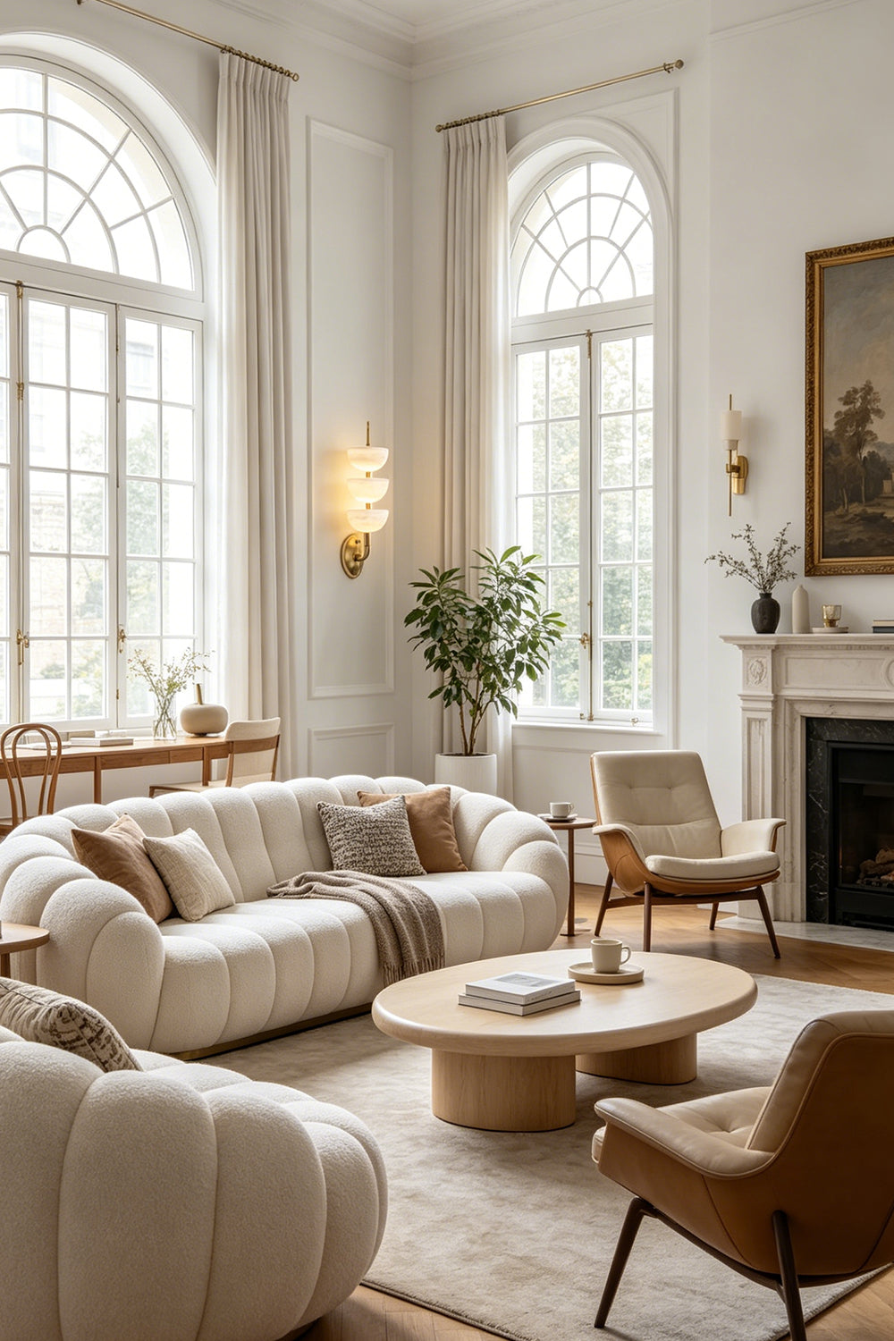 Ascendant Wall Lamp living room scene | Alabaster, Brass | Ambient lighting in airy, sunlit lounge | Samu Lamp