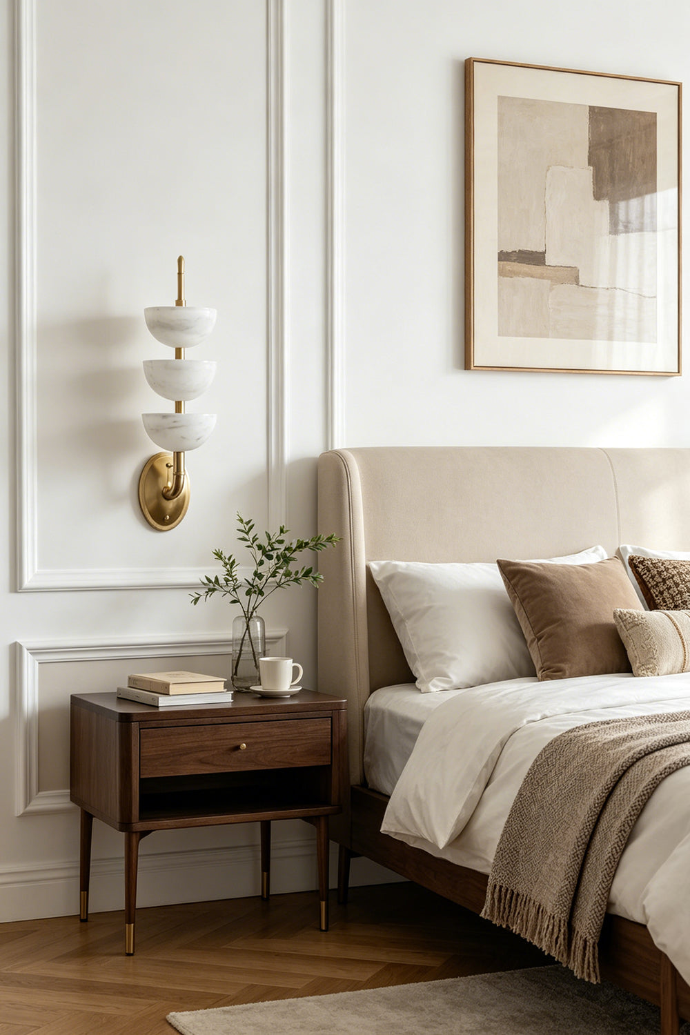 Ascendant Wall Lamp in bedroom | Alabaster, Brass | Bedside installation next to beige headboard | Samu Lamp