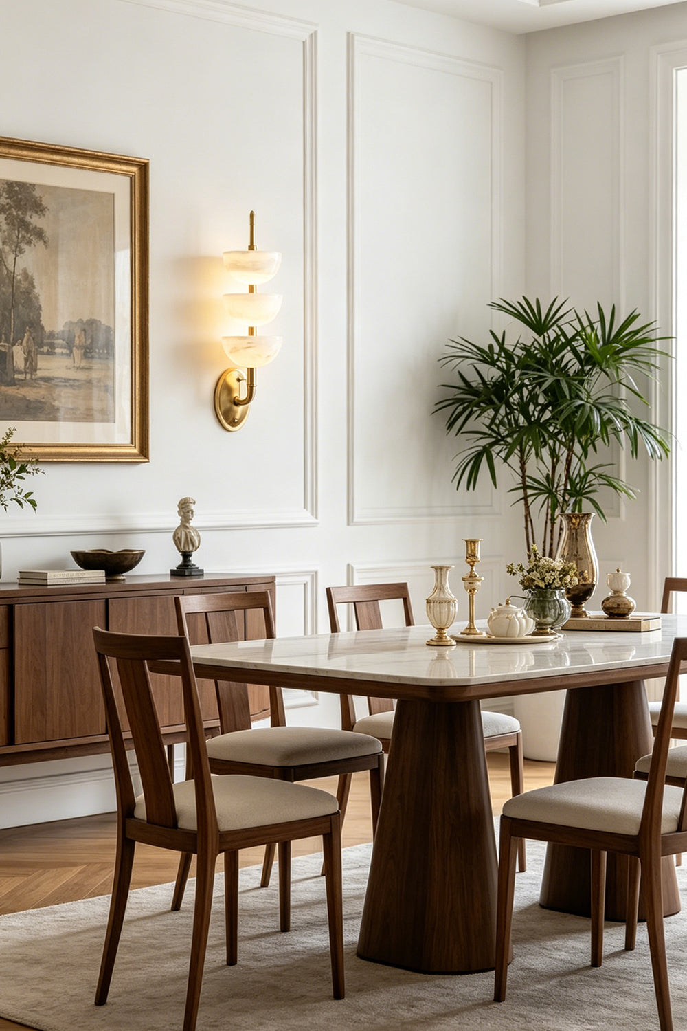 Ascendant Wall Lamp in dining room | Alabaster, Brass | Sophisticated dining area with marble table | Samu Lamp