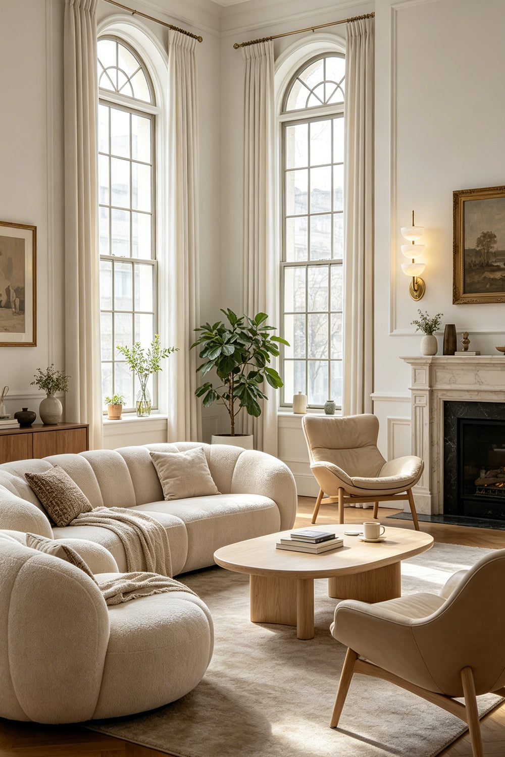 Ascendant Wall Lamp in living room | Alabaster, Brass | Bright interior with curved sofa and fireplace | Samu Lamp