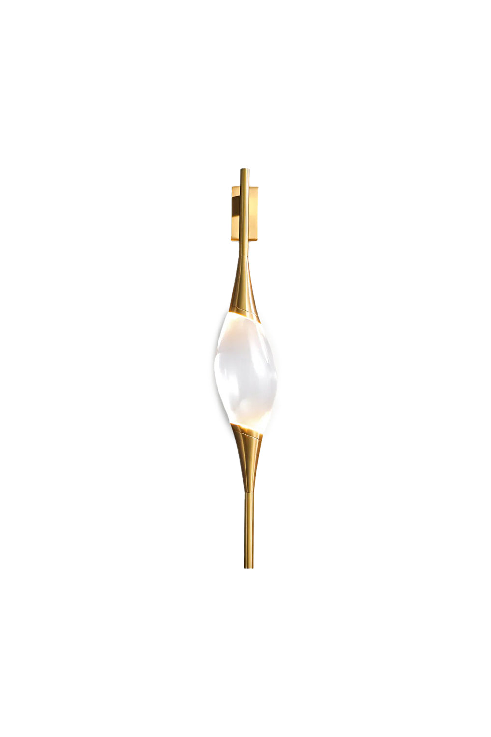 Astraea Crystal Linear Wall Sconce | Crystal, Brass | Isolated unlit view of a modern vertical linear wall sconce featuring a sculpted clear crystal center held by sleek gold brass conical ends | White background | Samu Lamp