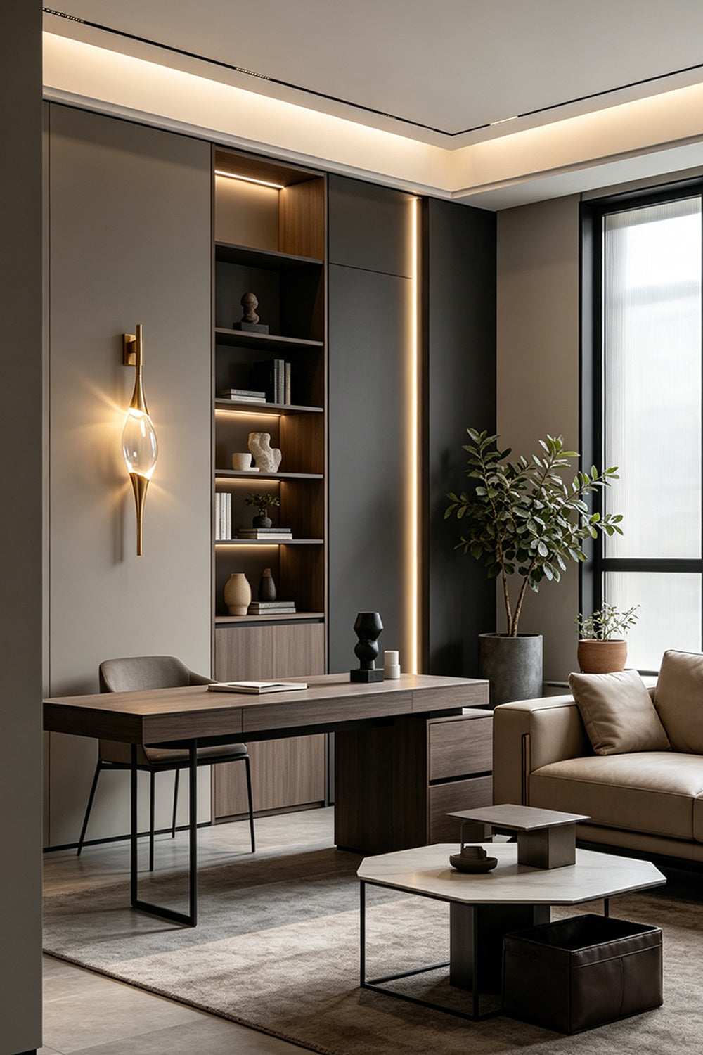Astraea Crystal Linear Wall Sconce | Crystal, Brass | Enhancing a sophisticated home office or living area wall, mounted vertically next to a modern desk and open shelving | Samu Lamp