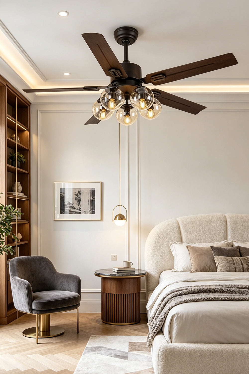 Astraea Modern Glass Globe Ceiling Fan Light | Glass, Metal, Wood | Styled in a peaceful contemporary bedroom over a platform bed with neutral tone bedding and custom built-in shelves | Samu Lamp
