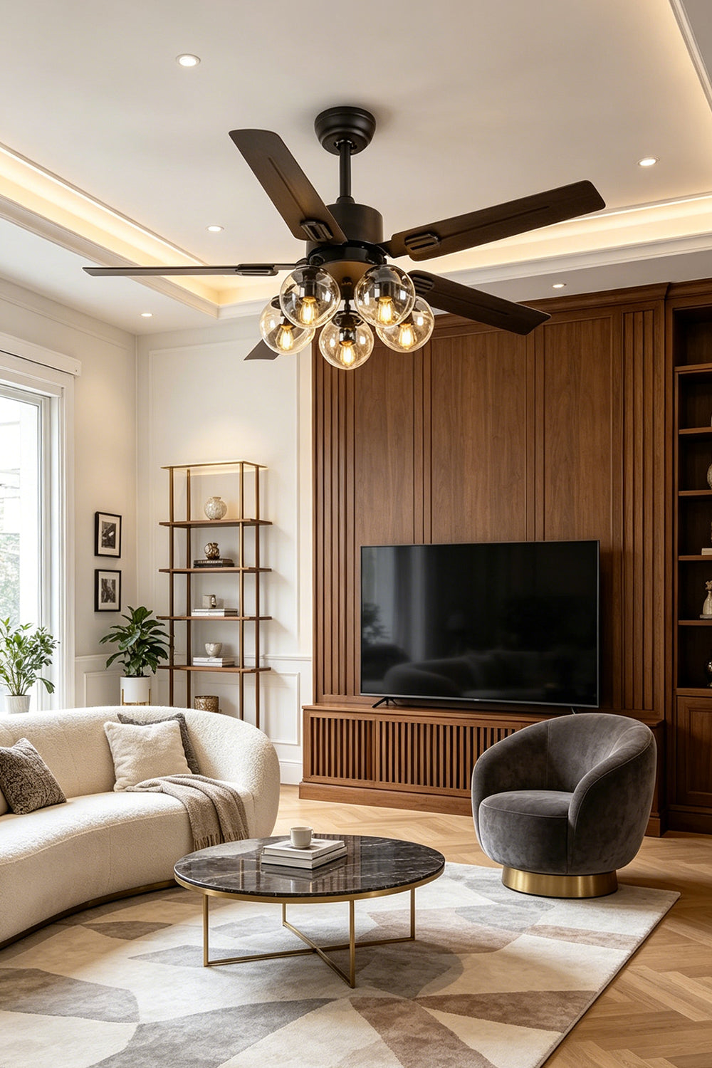 Astraea Modern Glass Globe Ceiling Fan Light | Glass, Metal, Wood | Wide-angle view showcasing the illuminated multi-globe fan chandelier radiating warm light in a luxurious lounge space | Samu Lamp