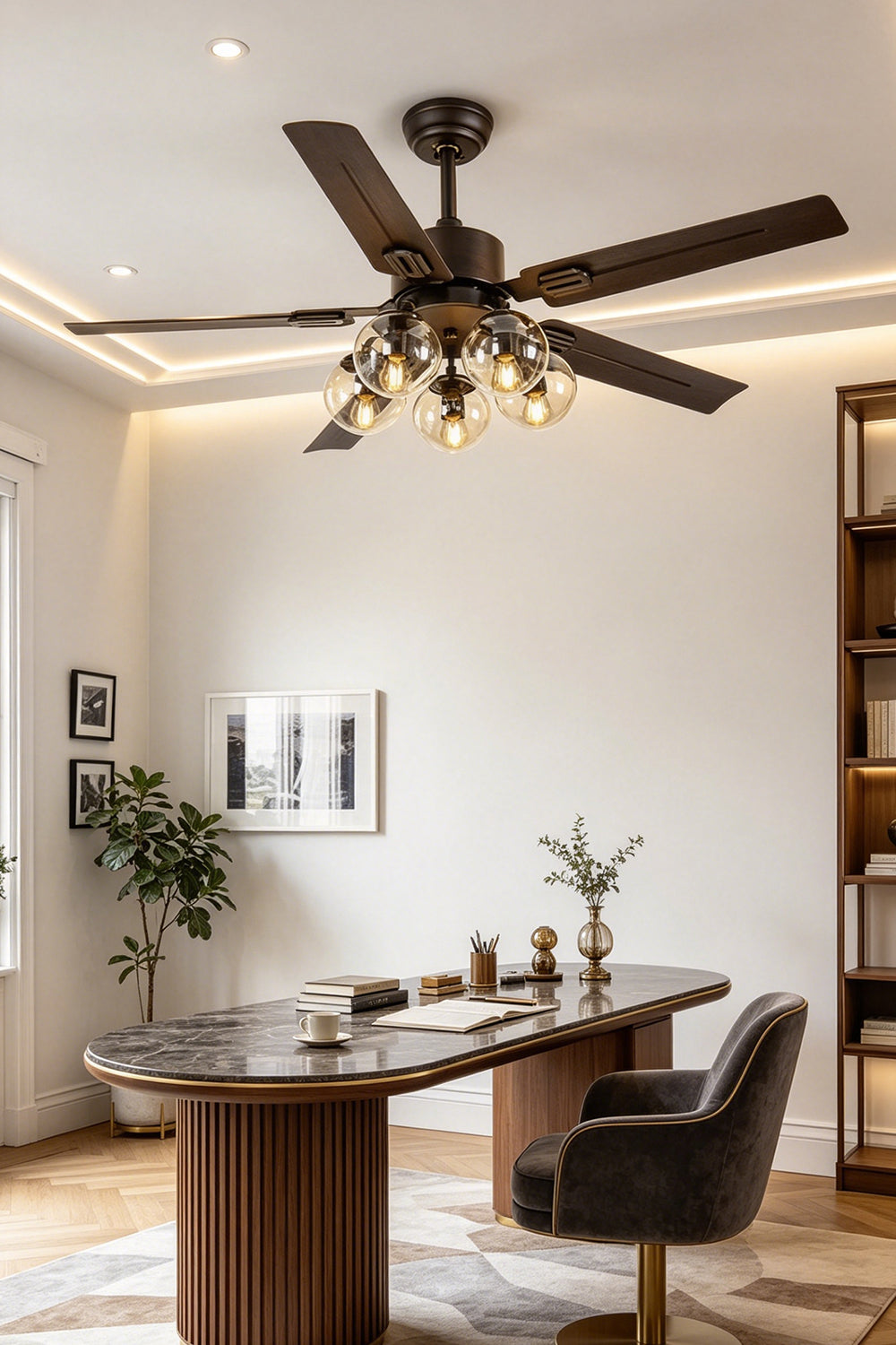 Astraea Modern Glass Globe Ceiling Fan Light | Glass, Metal, Wood | Providing task and ambient illumination in a luxury home office setup over a fluted wood desk and elegant swivel chair | Samu Lamp