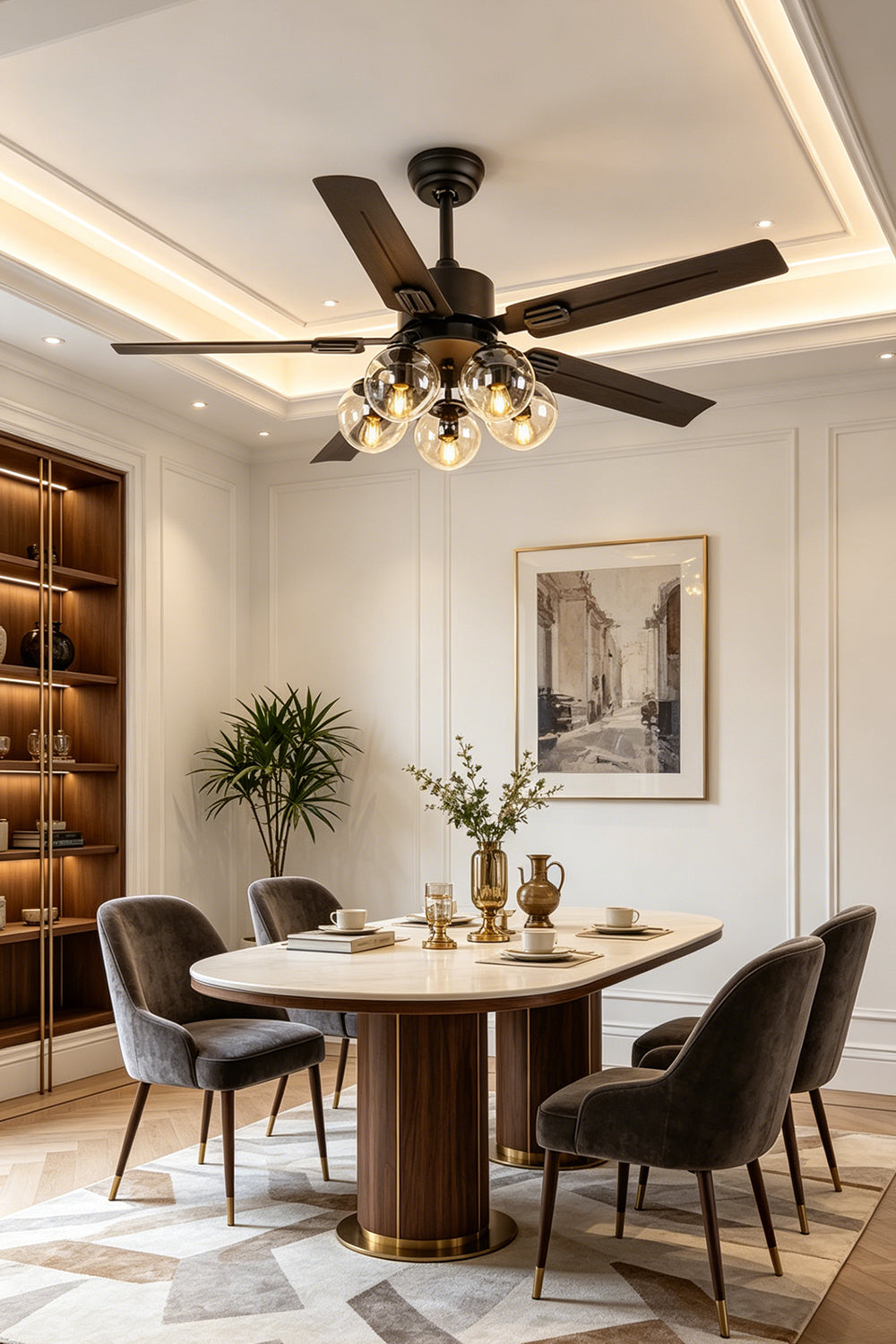 Astraea Modern Glass Globe Ceiling Fan Light | Glass, Metal, Wood | Suspended elegantly over a modern oval wooden dining table and grey upholstered chairs in a sophisticated dining room | Samu Lamp