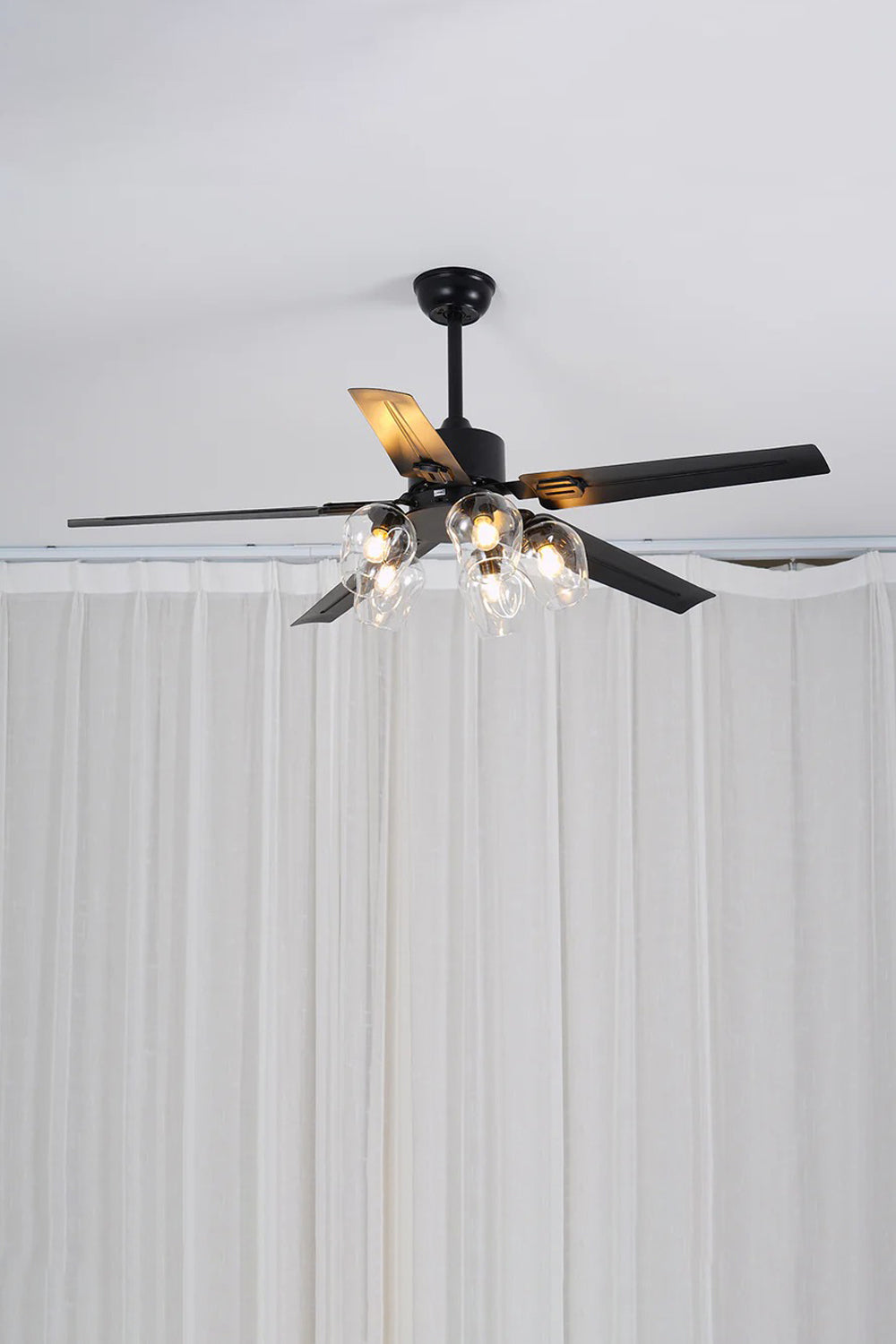Astraea Modern Glass Globe Ceiling Fan Light | Glass, Metal, Wood | Full centered studio view of the illuminated multi-functional glass globe fan light displayed against a plain neutral background | Samu Lamp