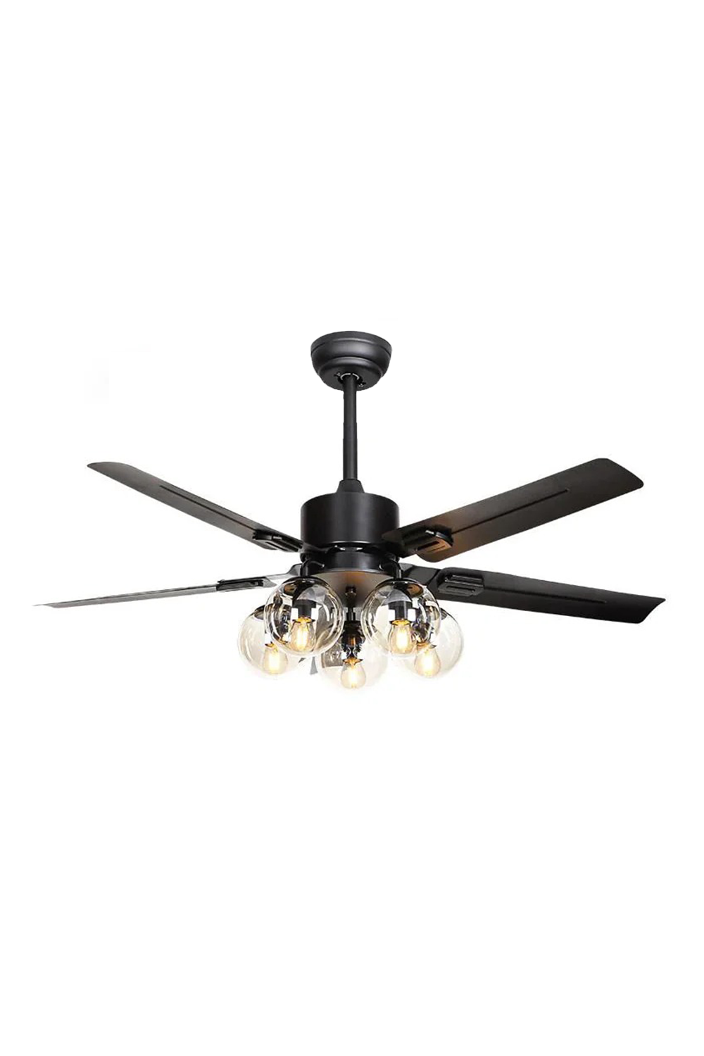 Astraea Modern Glass Globe Ceiling Fan Light | Glass, Metal, Wood | Isolated lit product view of a contemporary matte black ceiling fan featuring five dark wood blades and a cluster of five clear glass globe shades with warm light bulbs | White background | Samu Lamp