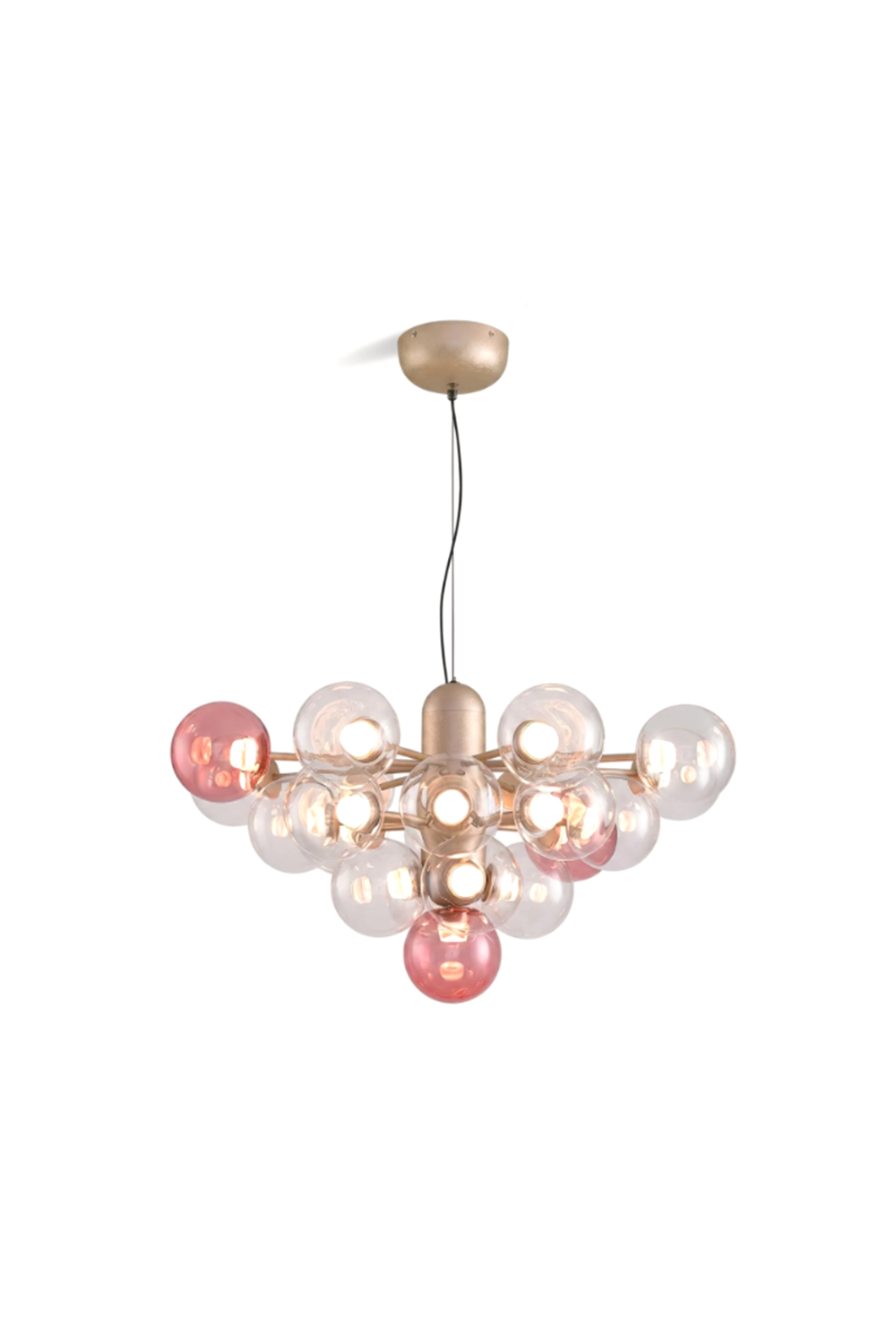 Astraea Prismatic Globe Chandelier | Glass, Metal | Isolated lit view of a modern multi-light cluster chandelier featuring clear and soft pink tinted glass bubble globes on a satin gold frame | White background | Samu Lamp