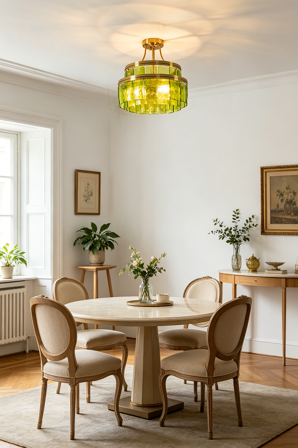 Aura Verdant Tiered Green Glass Ceiling Light | Metal, Glass | Hanging over a round wooden dining table and matching chairs in a brightly lit neutral room | Samu Lamp